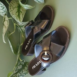 Prada black leather slide sandal with buckle size 38.5